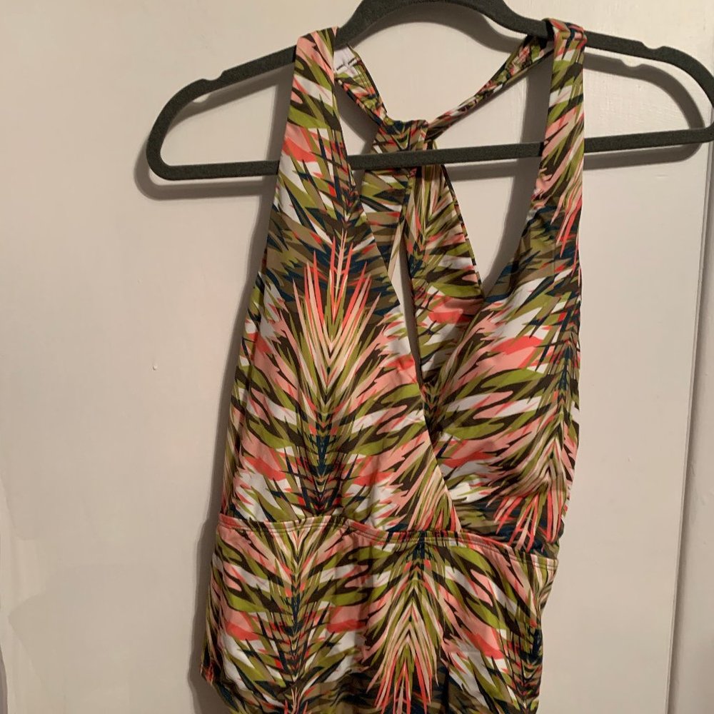 Jantzen Olive Green Pink Patterned Cross-Back One-Piece Swimsuit